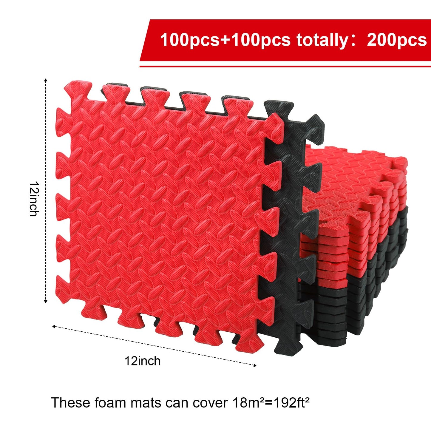 Ecally 200 pcs 12x12 foam mats, 96 sqft puzzle tiles, workout flooring, black/red