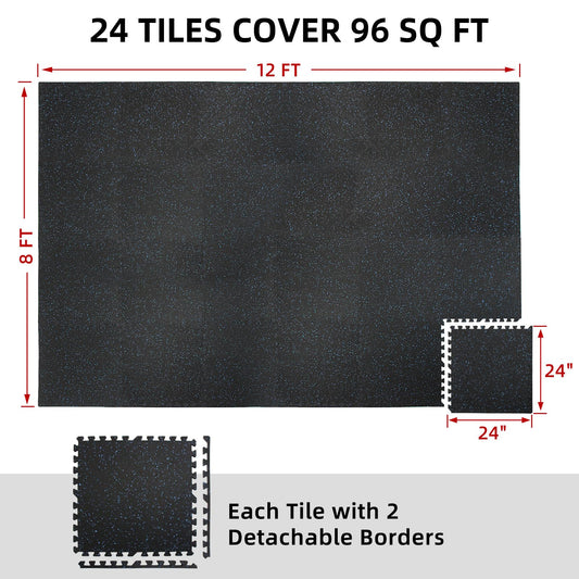 HIAARO 0.56" gym mats, 96 sqft, 24 rubber-top EVA tiles 24x24, black/blue