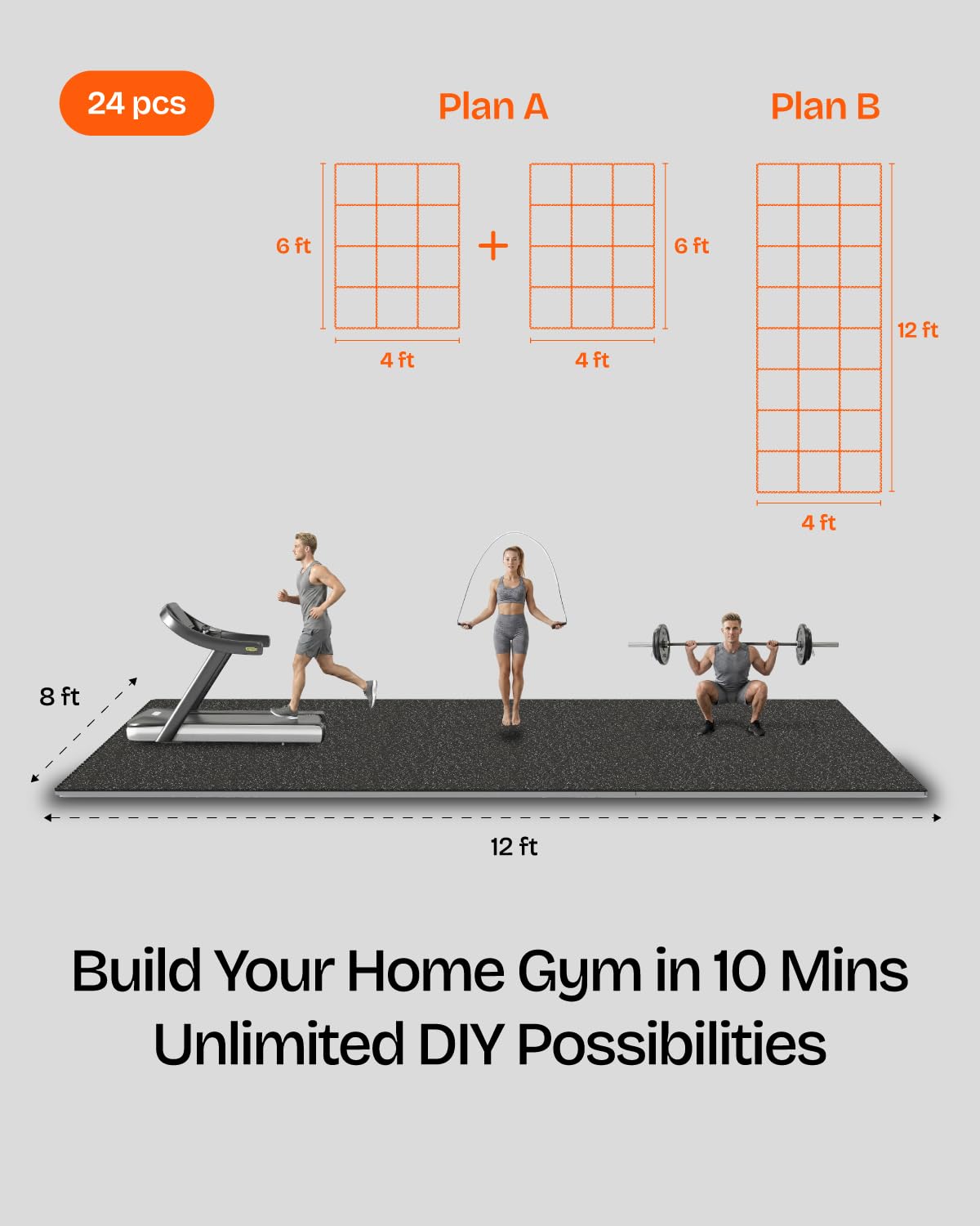 Vivaluz 0.56" gym flooring, 96 sqft, 24 EVA rubber-top tiles, 2'x2', home gym mats