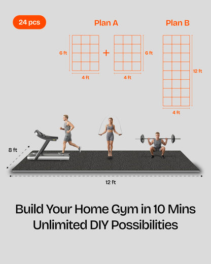 Vivaluz 0.56" gym flooring, 96 sqft, 24 EVA rubber-top tiles, 2'x2', home gym mats