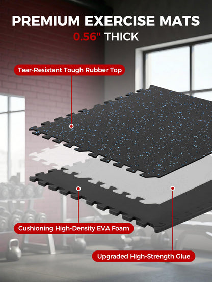 HIAARO 0.56" gym mats, 96 sqft, 24 rubber-top EVA tiles 24x24, black/blue