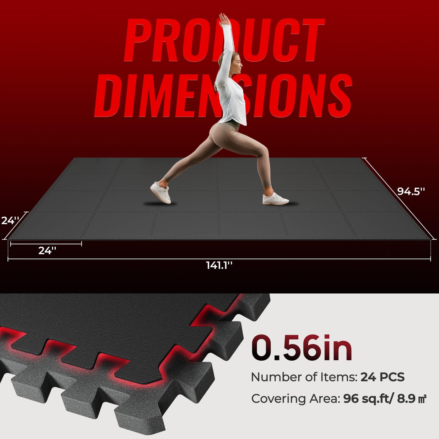 SUPERJARE 0.56" EVA rubber-top mats, 96 sqft, 24 pcs interlocking gym flooring black