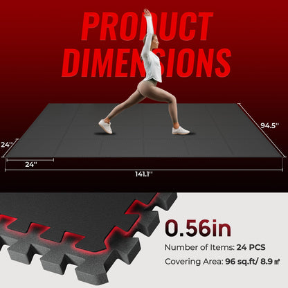 SUPERJARE 0.56" EVA rubber-top mats, 96 sqft, 24 pcs interlocking gym flooring black