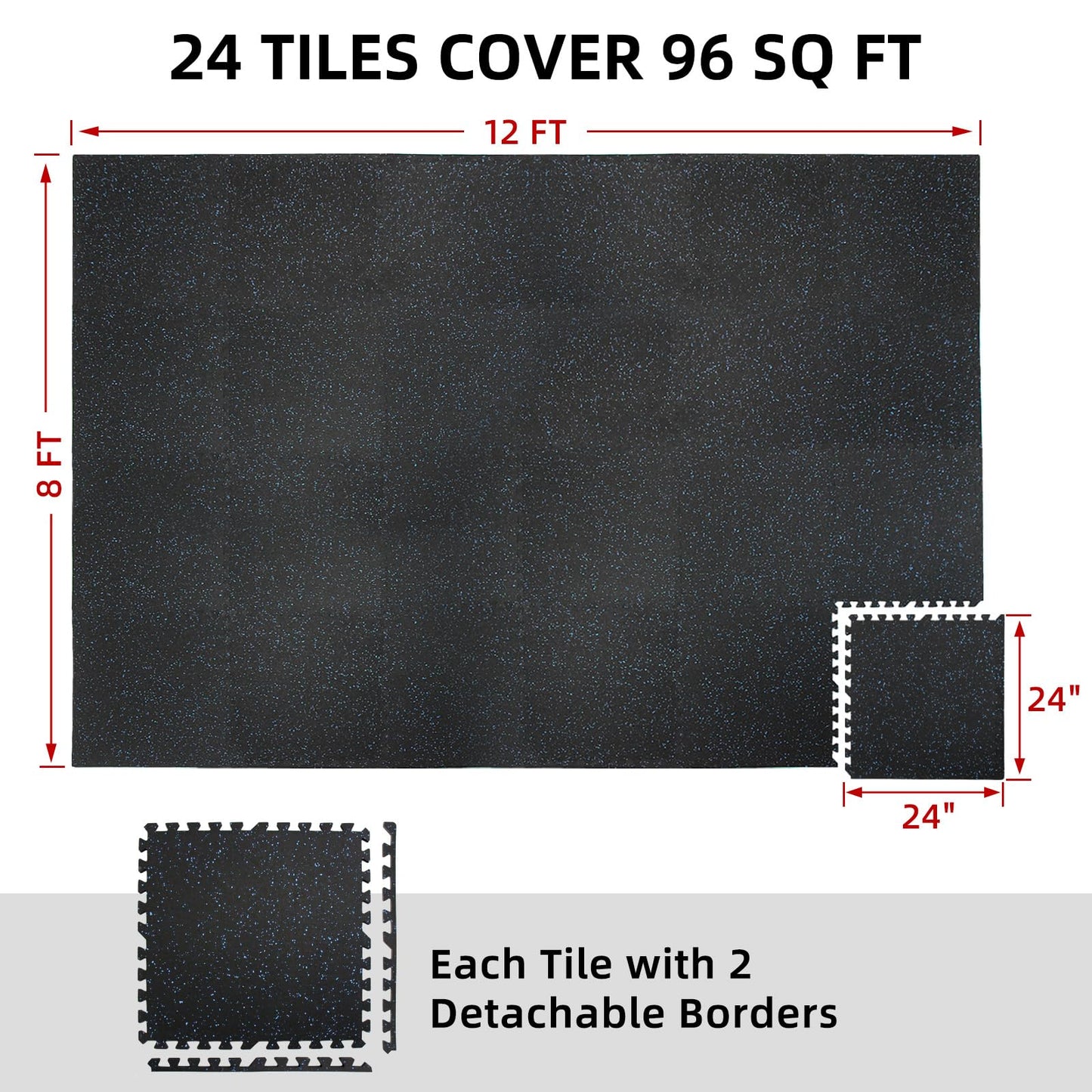 HIAARO 0.56" gym mats, 96 sqft, 24 rubber-top EVA tiles 24x24, black/blue