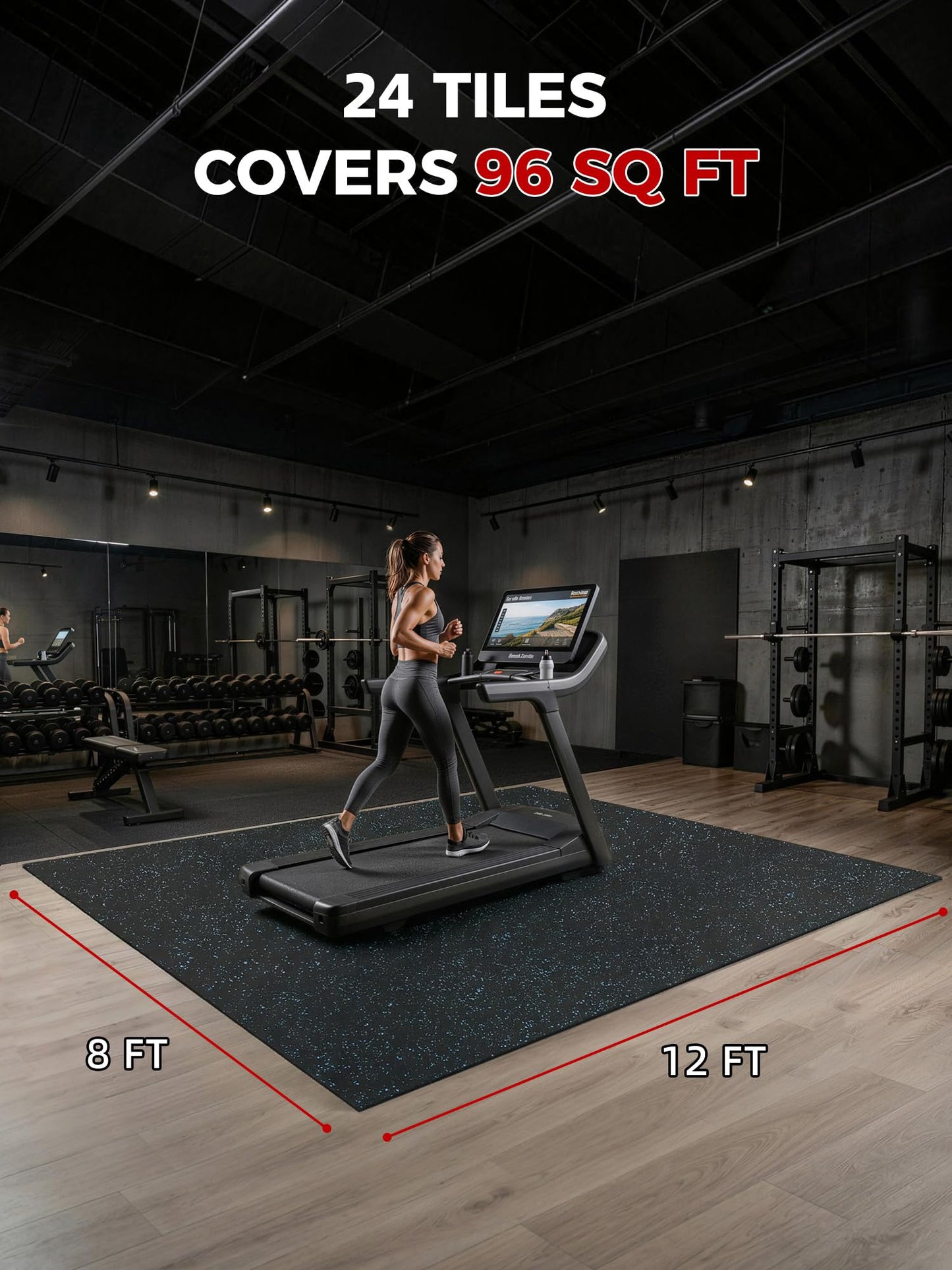 HIAARO 0.56" gym mats, 96 sqft, 24 rubber-top EVA tiles 24x24, black/blue