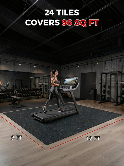 HIAARO 0.56" gym mats, 96 sqft, 24 rubber-top EVA tiles 24x24, black/blue