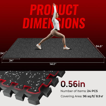 SUPERJARE 0.56'' Thick 24 Pcs 96 Sq Ft Rubber Top EVA Foam Interlocking Gym Flooring Mats, Home Gym Workout, Black/Grey