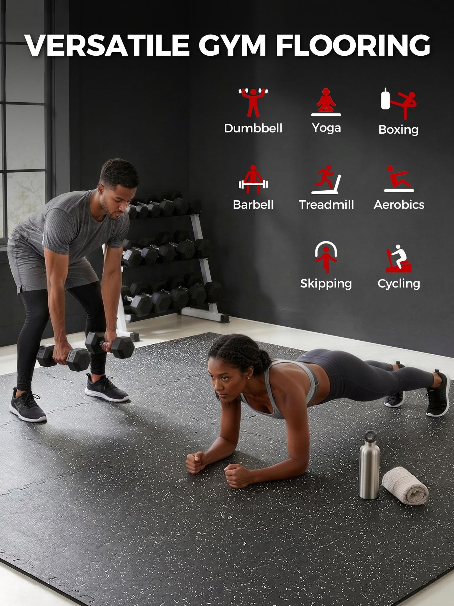 HIAARO 0.56" gym flooring, 96 sqft, 24 EVA tiles 24x24, black/white