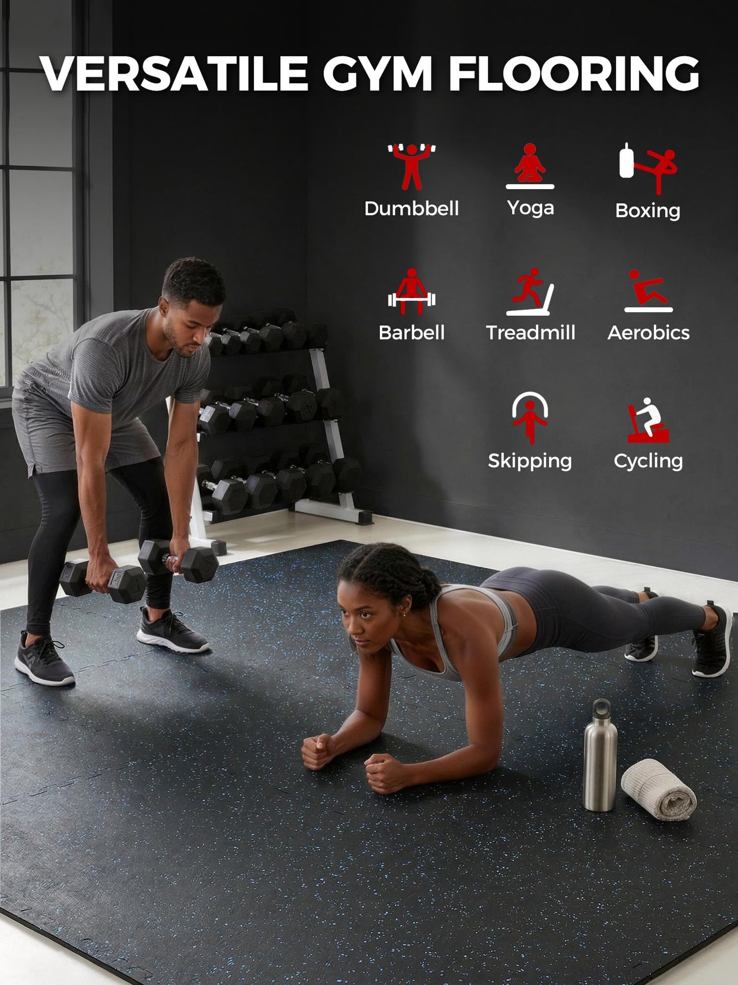 HIAARO 0.56" gym mats, 96 sqft, 24 rubber-top EVA tiles 24x24, black/blue