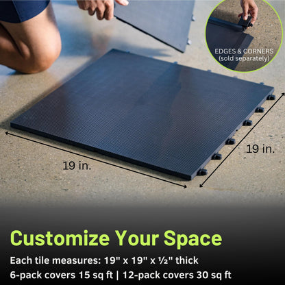 Baselayer Balance ½" TPE tiles, 30 sqft, odor-free rubber-like flooring, cardio use, black