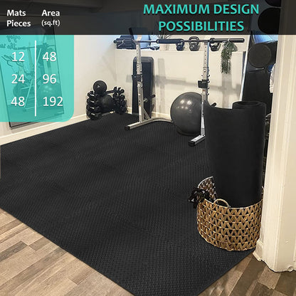 BEAUTYOVO EVA foam mats, 48 tiles 24x24, 192 sqft interlocking gym flooring, black