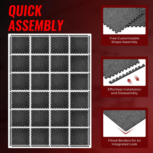 SUPERJARE 0.56'' Thick 24 Pcs 96 Sq Ft Rubber Top EVA Foam Interlocking Gym Flooring Mats, Home Gym Workout, Black/Grey